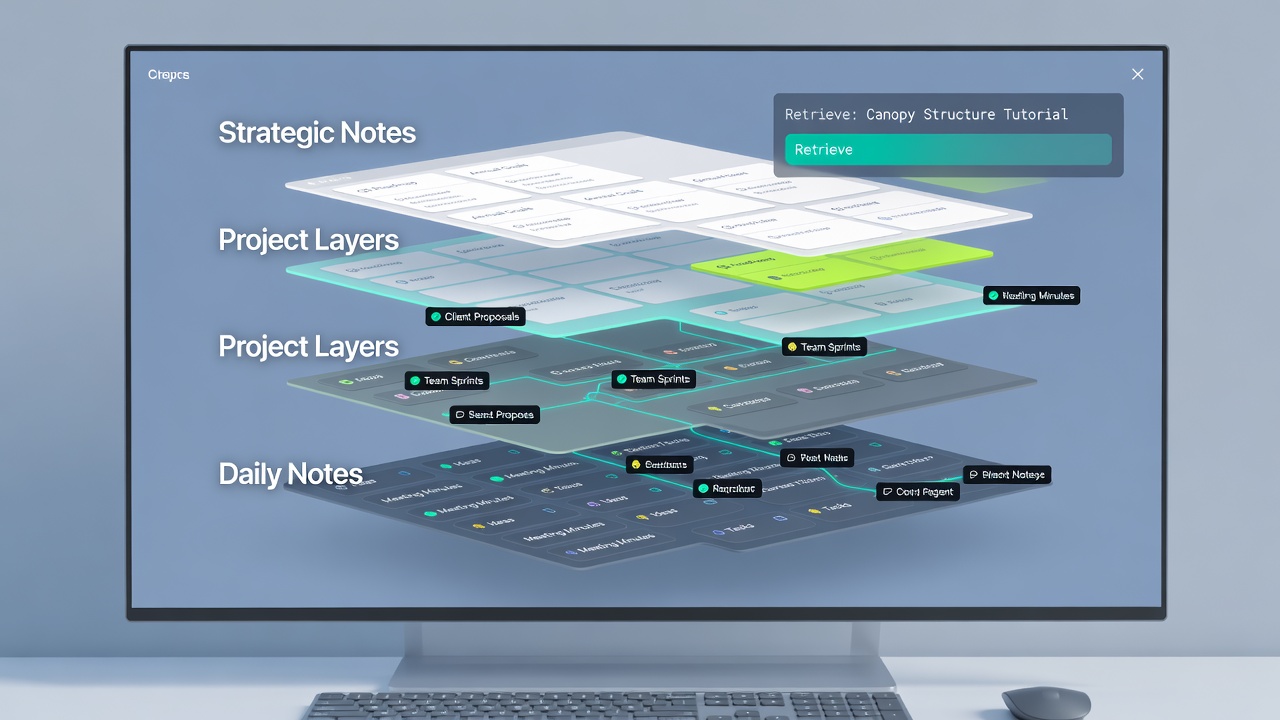 Screenshot of productivity app interface showing layered note retrieval with canopy visualization