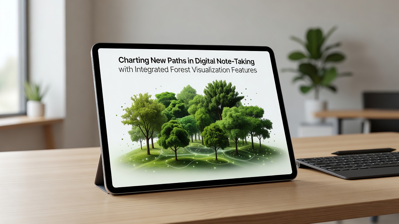 Expanded forest visualization in a note-taking app with multiple interconnected trees, seasonal changes, and note labels on branches